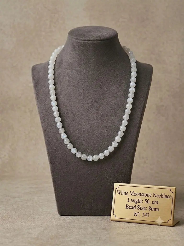 White Moonstone Necklace, Length 50. cm, Bead Size 8mm, ABC_NEC_143